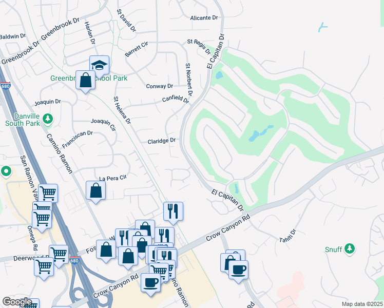 map of restaurants, bars, coffee shops, grocery stores, and more near 1934 Saint George Road in Danville