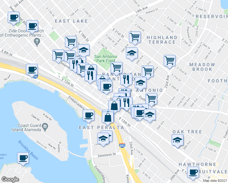 map of restaurants, bars, coffee shops, grocery stores, and more near 1947 East 15th Street in Oakland