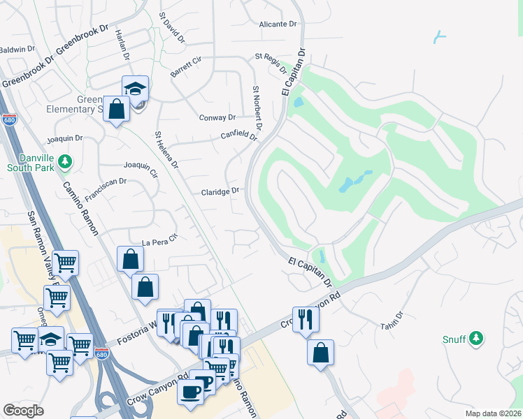 map of restaurants, bars, coffee shops, grocery stores, and more near 1934 Saint George Road in Danville