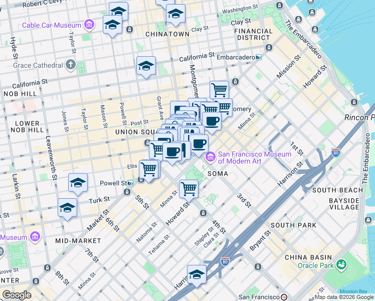 map of restaurants, bars, coffee shops, grocery stores, and more near 50 3rd Street in San Francisco
