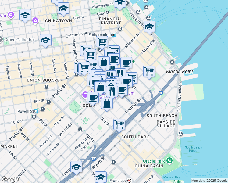 map of restaurants, bars, coffee shops, grocery stores, and more near 235 2nd Street in San Francisco