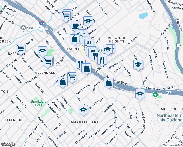 map of restaurants, bars, coffee shops, grocery stores, and more near 3449 High Street in Oakland