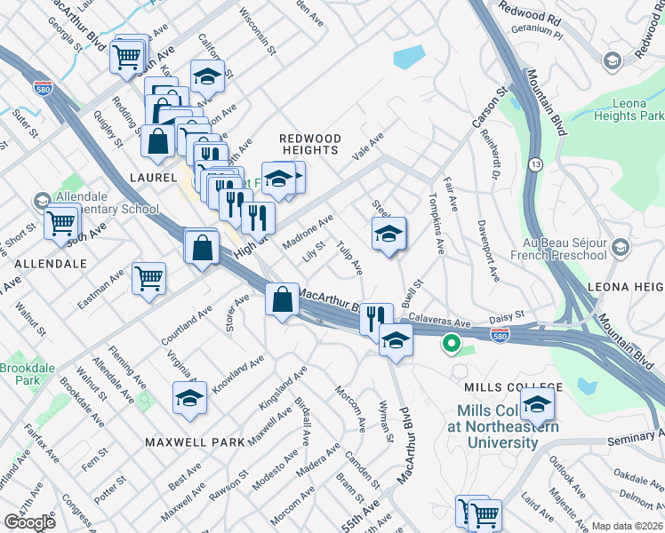map of restaurants, bars, coffee shops, grocery stores, and more near 3669 Green Acre Road in Oakland