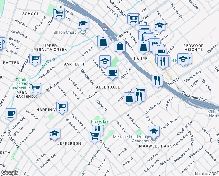 map of restaurants, bars, coffee shops, grocery stores, and more near 3915 Penniman Avenue in Oakland