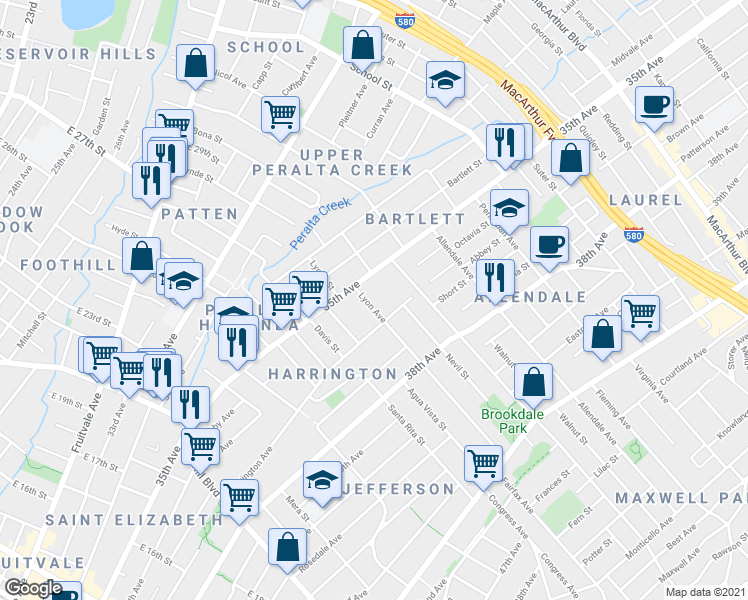 map of restaurants, bars, coffee shops, grocery stores, and more near 3538 Lyon Avenue in Oakland