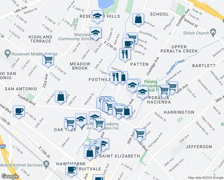 map of restaurants, bars, coffee shops, grocery stores, and more near 3005 Ashbrook Court in Oakland