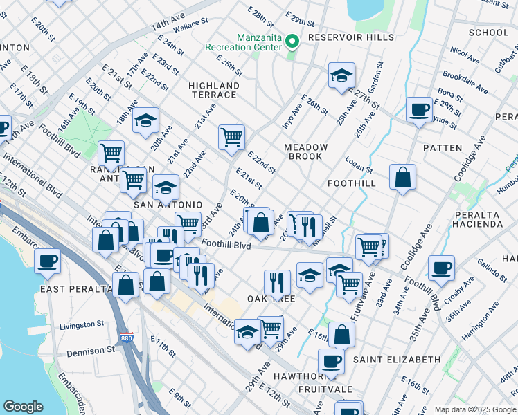 map of restaurants, bars, coffee shops, grocery stores, and more near 1950 24th Avenue in Oakland