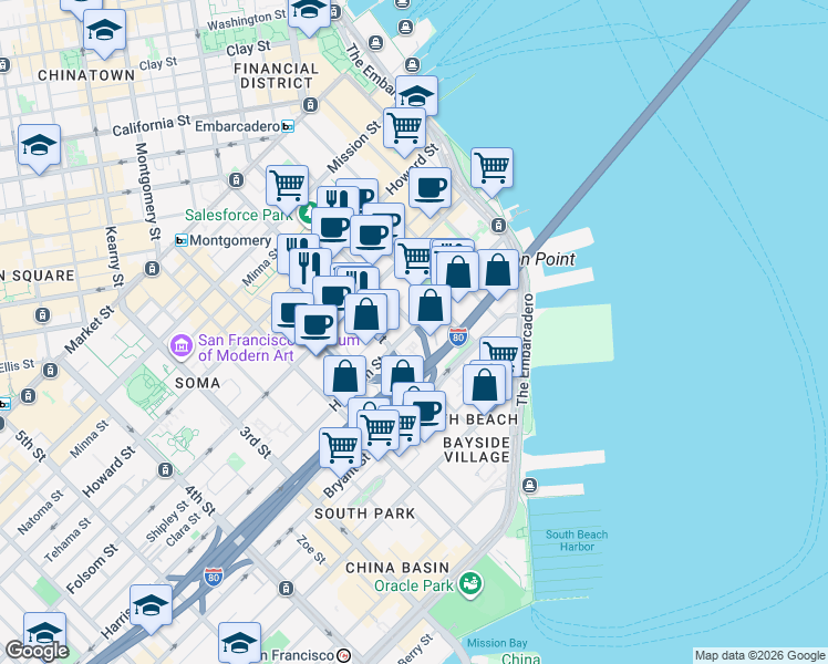 map of restaurants, bars, coffee shops, grocery stores, and more near in San Francisco