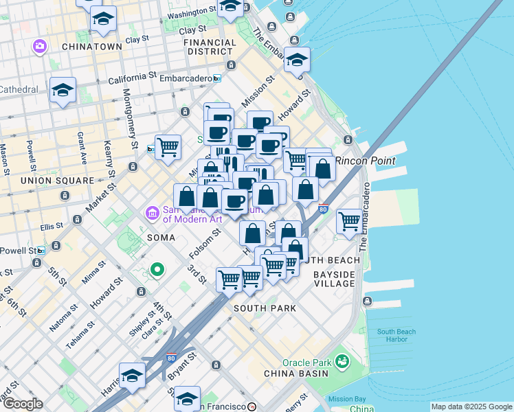 map of restaurants, bars, coffee shops, grocery stores, and more near 346 1st Street in San Francisco
