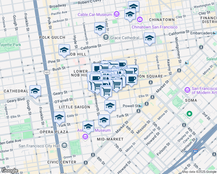 map of restaurants, bars, coffee shops, grocery stores, and more near 34 Shannon Street in San Francisco
