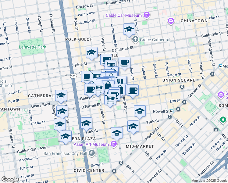 map of restaurants, bars, coffee shops, grocery stores, and more near 610 Hyde Street in San Francisco