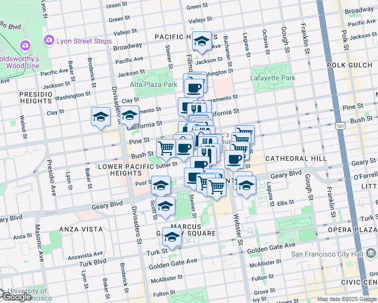 map of restaurants, bars, coffee shops, grocery stores, and more near 2299 Bush Street in San Francisco