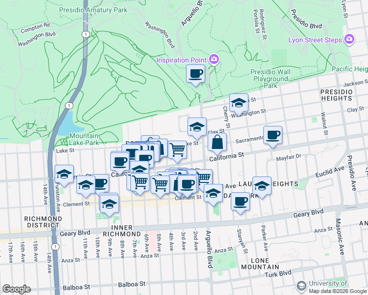map of restaurants, bars, coffee shops, grocery stores, and more near 115 3rd Avenue in San Francisco