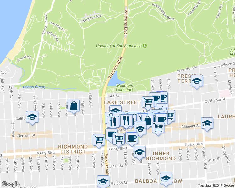map of restaurants, bars, coffee shops, grocery stores, and more near 1016 Lake Street in San Francisco
