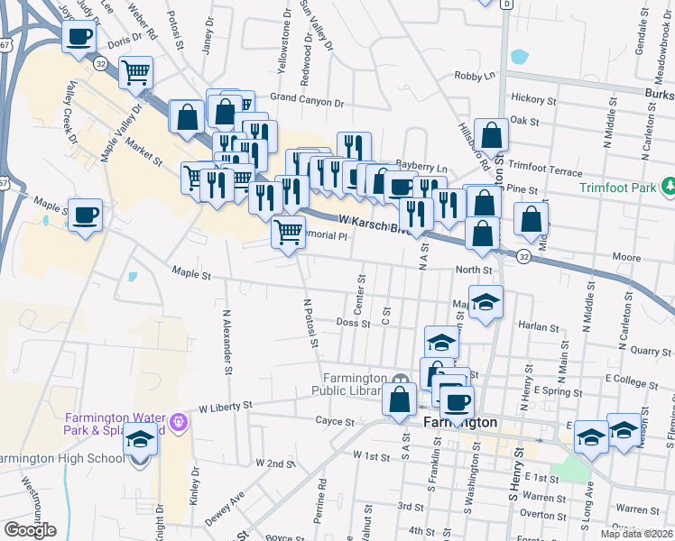 map of restaurants, bars, coffee shops, grocery stores, and more near 512 North Street in Farmington