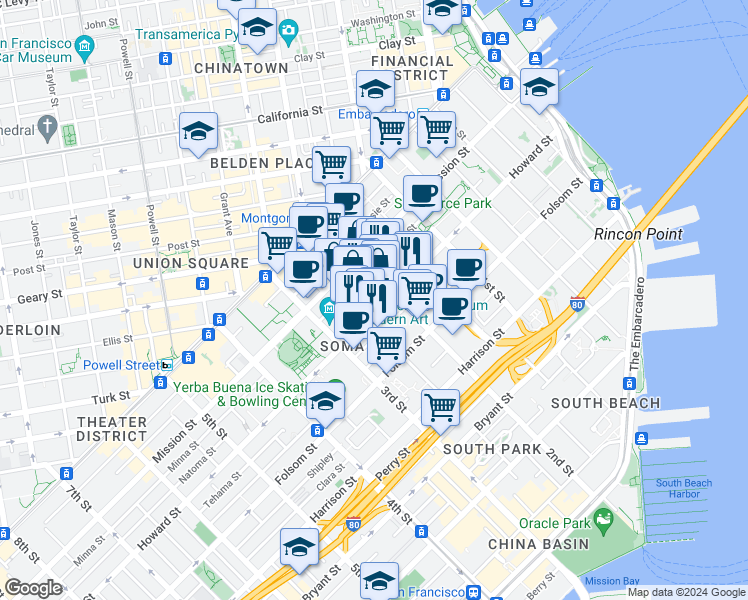 map of restaurants, bars, coffee shops, grocery stores, and more near 168 2nd Street in San Francisco