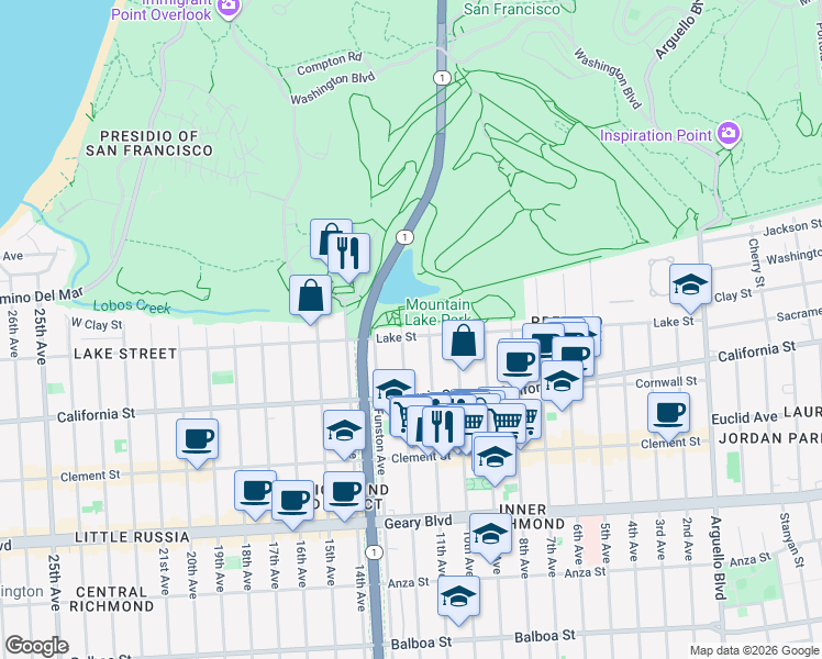map of restaurants, bars, coffee shops, grocery stores, and more near 1016 Lake Street in San Francisco