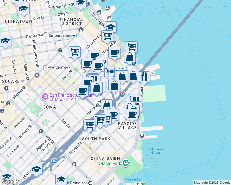 map of restaurants, bars, coffee shops, grocery stores, and more near 450 Beale Street in San Francisco