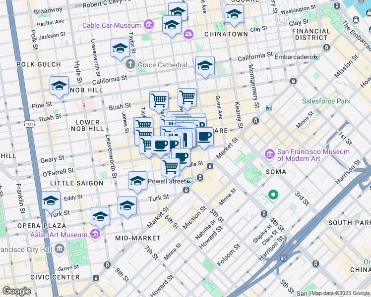 map of restaurants, bars, coffee shops, grocery stores, and more near 207 Powell Street in San Francisco