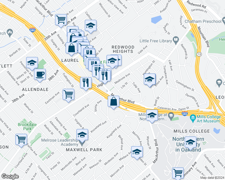 map of restaurants, bars, coffee shops, grocery stores, and more near 4412 MacArthur Boulevard in Oakland