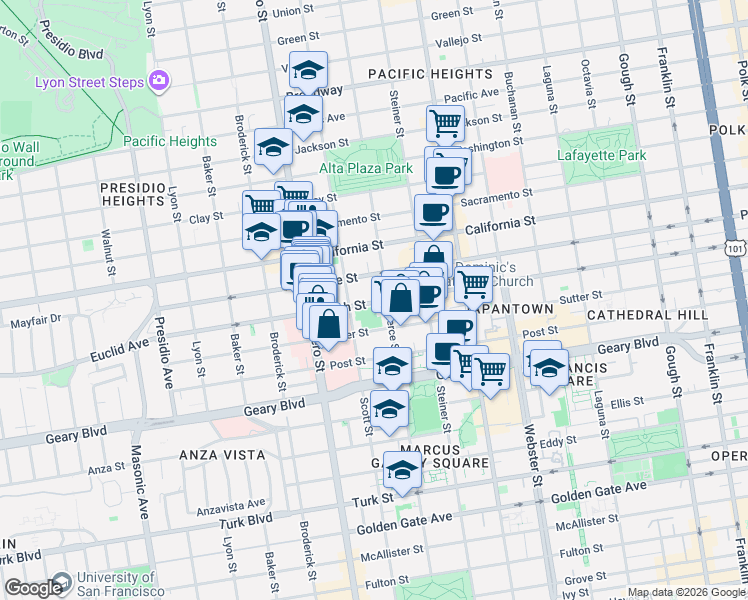 map of restaurants, bars, coffee shops, grocery stores, and more near 2430 Bush Street in San Francisco