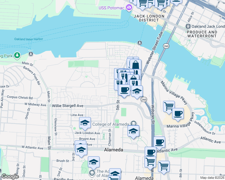 map of restaurants, bars, coffee shops, grocery stores, and more near 416 Bohol Circle Lane in Alameda