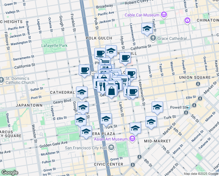 map of restaurants, bars, coffee shops, grocery stores, and more near 1081 Post Street in San Francisco