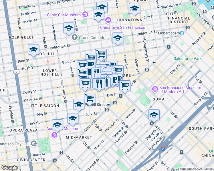 map of restaurants, bars, coffee shops, grocery stores, and more near 218 O'Farrell Street in San Francisco