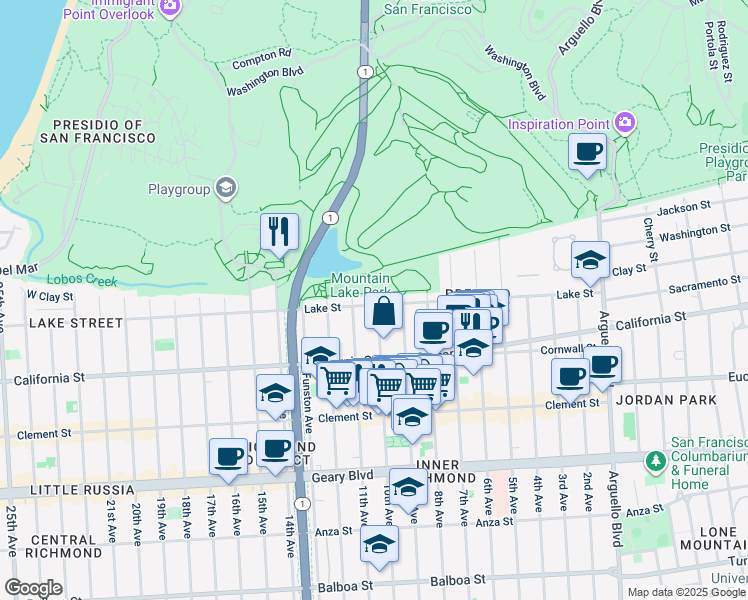 map of restaurants, bars, coffee shops, grocery stores, and more near 900 Lake Street in San Francisco