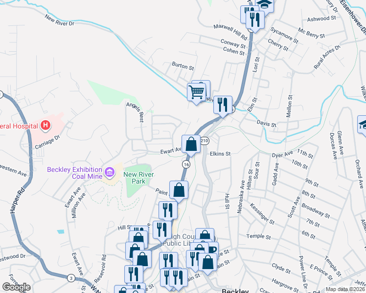 map of restaurants, bars, coffee shops, grocery stores, and more near 3296-3306 Robert C Byrd Drive in Beckley