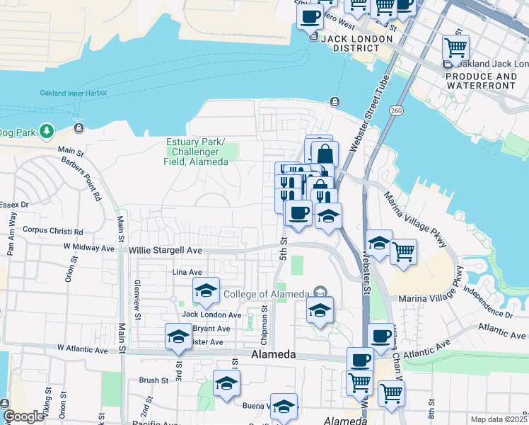 map of restaurants, bars, coffee shops, grocery stores, and more near 2738 Bette Street in Alameda