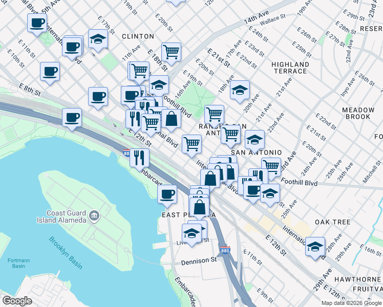 map of restaurants, bars, coffee shops, grocery stores, and more near 1852 International Boulevard in Oakland