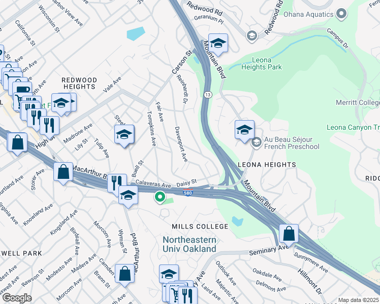 map of restaurants, bars, coffee shops, grocery stores, and more near 4729 Cunningham Street in Oakland