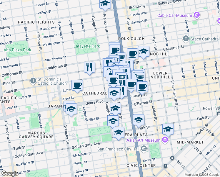 map of restaurants, bars, coffee shops, grocery stores, and more near 1302 Post Street in San Francisco