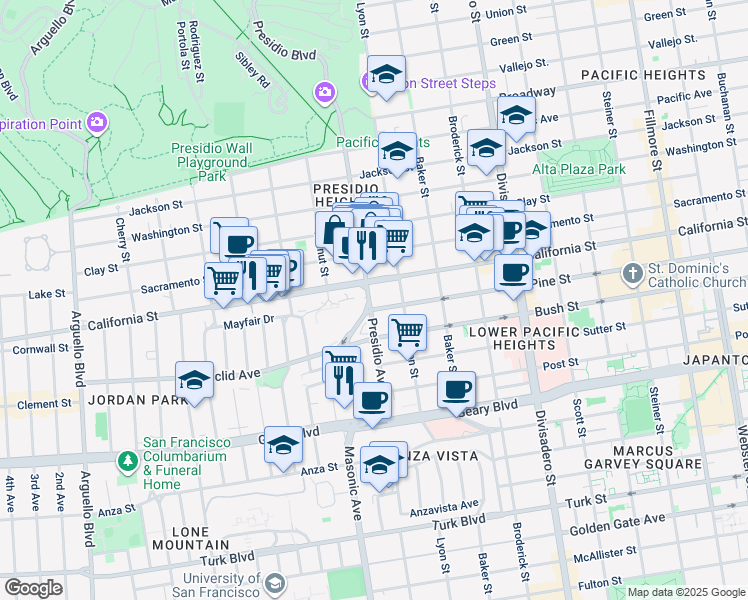 map of restaurants, bars, coffee shops, grocery stores, and more near 560 Presidio Avenue in San Francisco