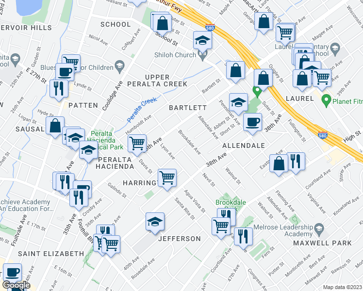 map of restaurants, bars, coffee shops, grocery stores, and more near 2551 Harrington Avenue in Oakland