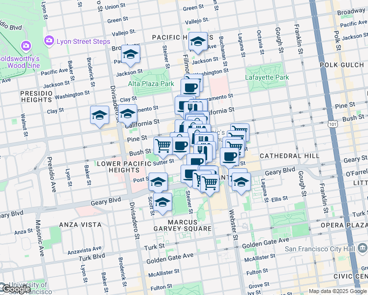 map of restaurants, bars, coffee shops, grocery stores, and more near 2295 Bush Street in San Francisco