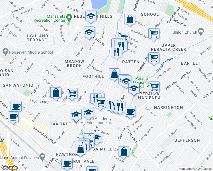 map of restaurants, bars, coffee shops, grocery stores, and more near 3108 Ashbrook Court in Oakland