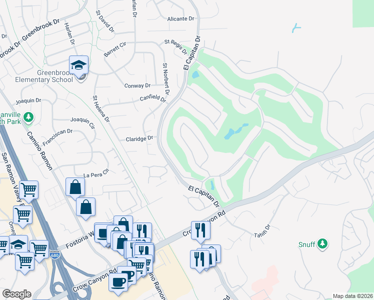 map of restaurants, bars, coffee shops, grocery stores, and more near 1961 Rancho Verde Circle West in Danville