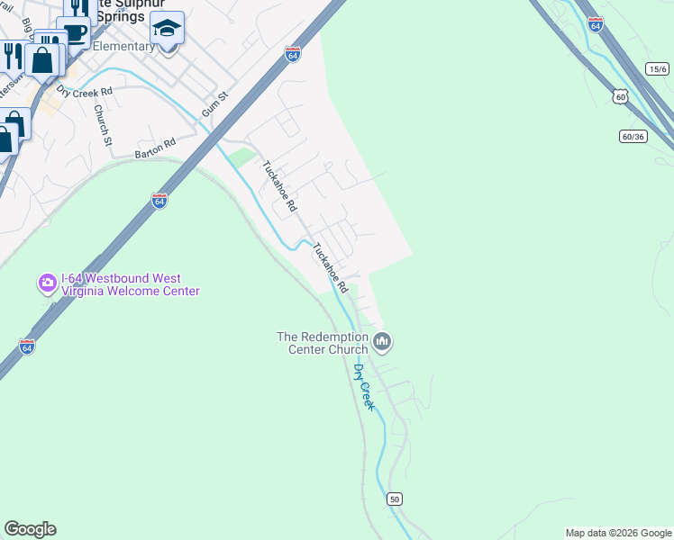 map of restaurants, bars, coffee shops, grocery stores, and more near 657 Tuckahoe Rd in White Sulphur Springs