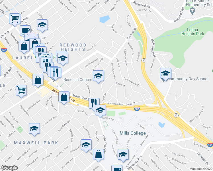 map of restaurants, bars, coffee shops, grocery stores, and more near 4616 Steele Street in Oakland