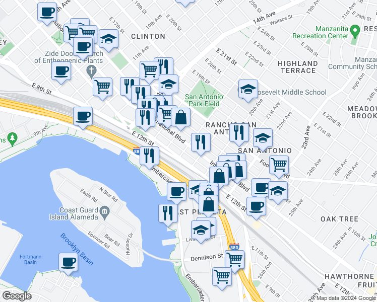 map of restaurants, bars, coffee shops, grocery stores, and more near 1200 18th Avenue in Oakland