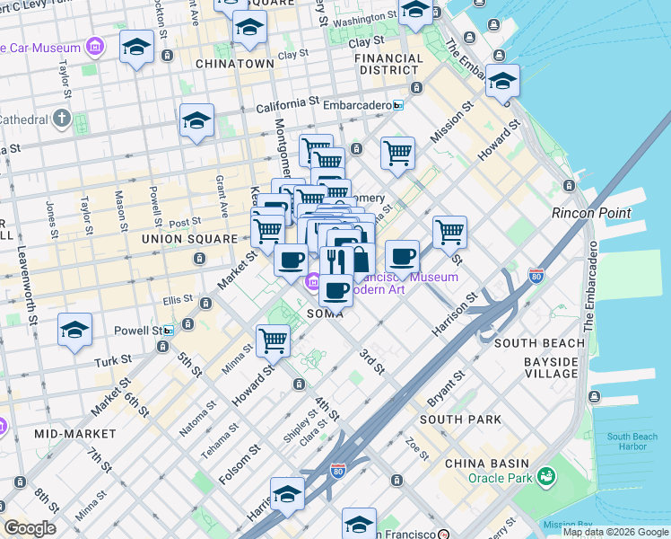 map of restaurants, bars, coffee shops, grocery stores, and more near 111-121 New Montgomery Street in San Francisco