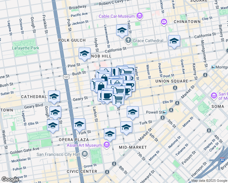 map of restaurants, bars, coffee shops, grocery stores, and more near in San Francisco