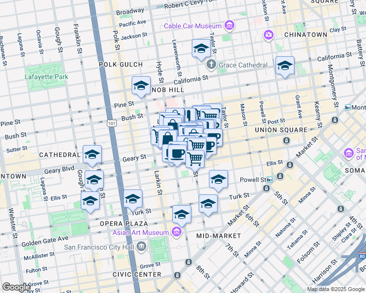 map of restaurants, bars, coffee shops, grocery stores, and more near in San Francisco