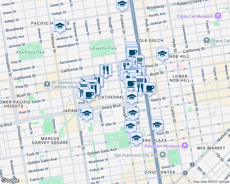 map of restaurants, bars, coffee shops, grocery stores, and more near 1407 Gough Street in San Francisco