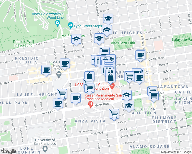 map of restaurants, bars, coffee shops, grocery stores, and more near 1713 Broderick Street in San Francisco
