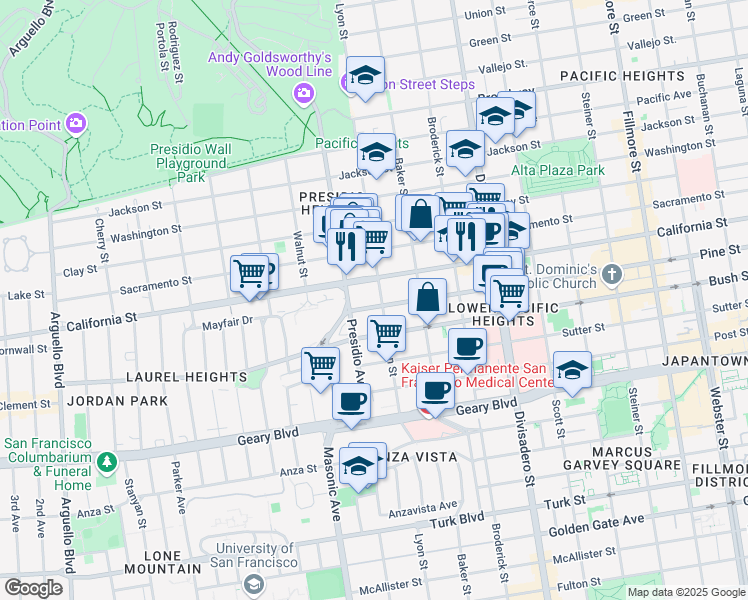 map of restaurants, bars, coffee shops, grocery stores, and more near 1662 Lyon Street in San Francisco