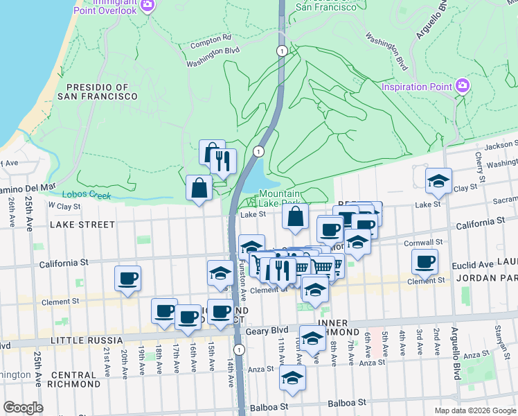 map of restaurants, bars, coffee shops, grocery stores, and more near 1016 Lake Street in San Francisco