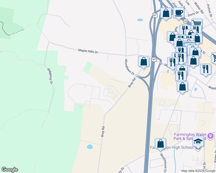 map of restaurants, bars, coffee shops, grocery stores, and more near 432 Shade Tree Lane in Farmington